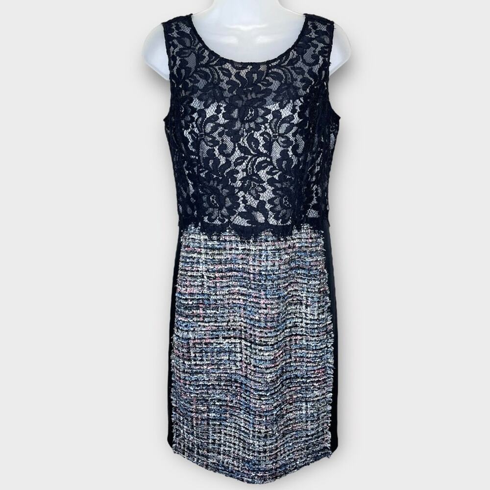 KAY UNGER metallic tweed & lace cocktail party dress size 8 black/silver holiday